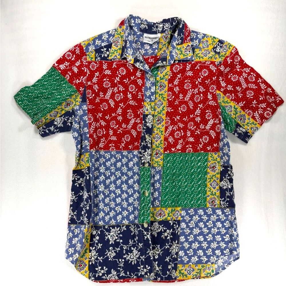 Vintage Cottagecore Multicolored Patchwork Short Sleeve Button Up Size 10 USA